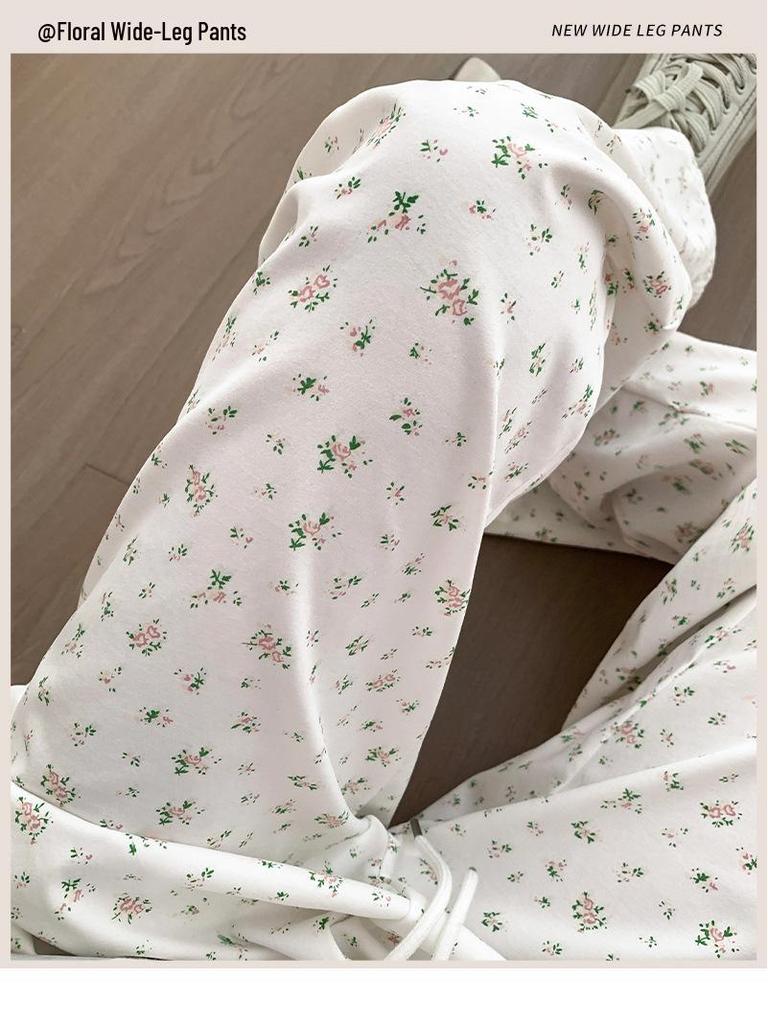 Korean Floral Wide-Leg High-Waist Drawstring Pants for Women - Spring/Summer