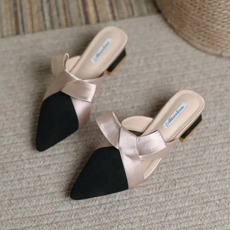 Fashion Slides Outside Shoes for Women Black Woman Slippers Pointed Toe Job Mules with Bow Heeled Sandals New Style Wholesale Trend B I