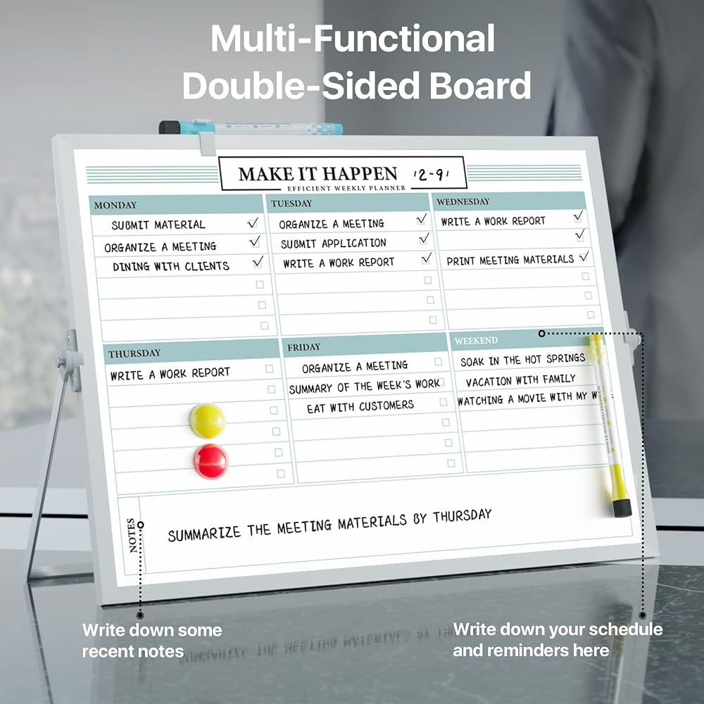 Marsrock Whiteboard, Plain Weekly Planner, Double-Sided, Freestanding, A3 Size, Desktop, Magnetic