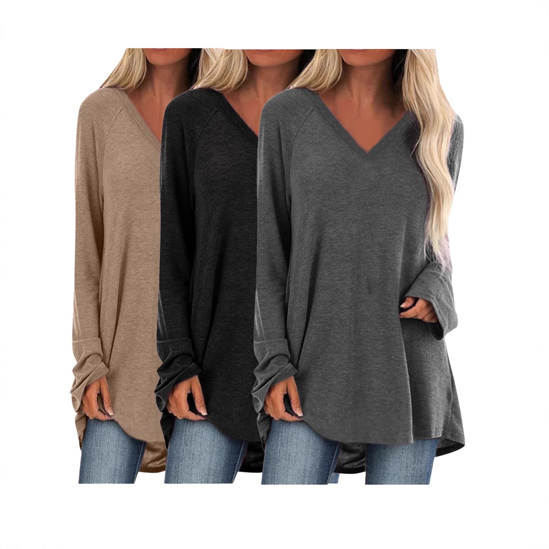 Women s V-Neck Swallowtail Long-Sleeve T-Shirt Set - Casual Daily Wear (3 Pieces) L чёрный/хаки