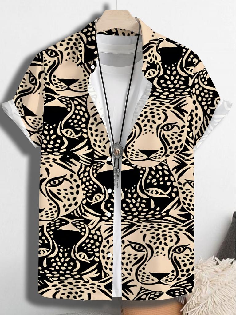 [Print Design – Not Textured] Hawaiian Casual Animal Leopard Print, Men'S Casual Short Sleeve Shirt, Button-Up, Lapel, 1pc Perfect Gift for Men'S