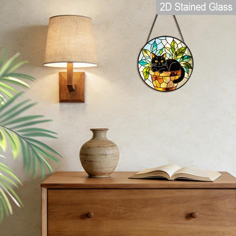 2D Flat Stained Glass Cute Black Cat Window Decoration, 7.87inches Colored Glass Plate with Chain, Hanging Sun Catcher Home Decor, Unique Holiday