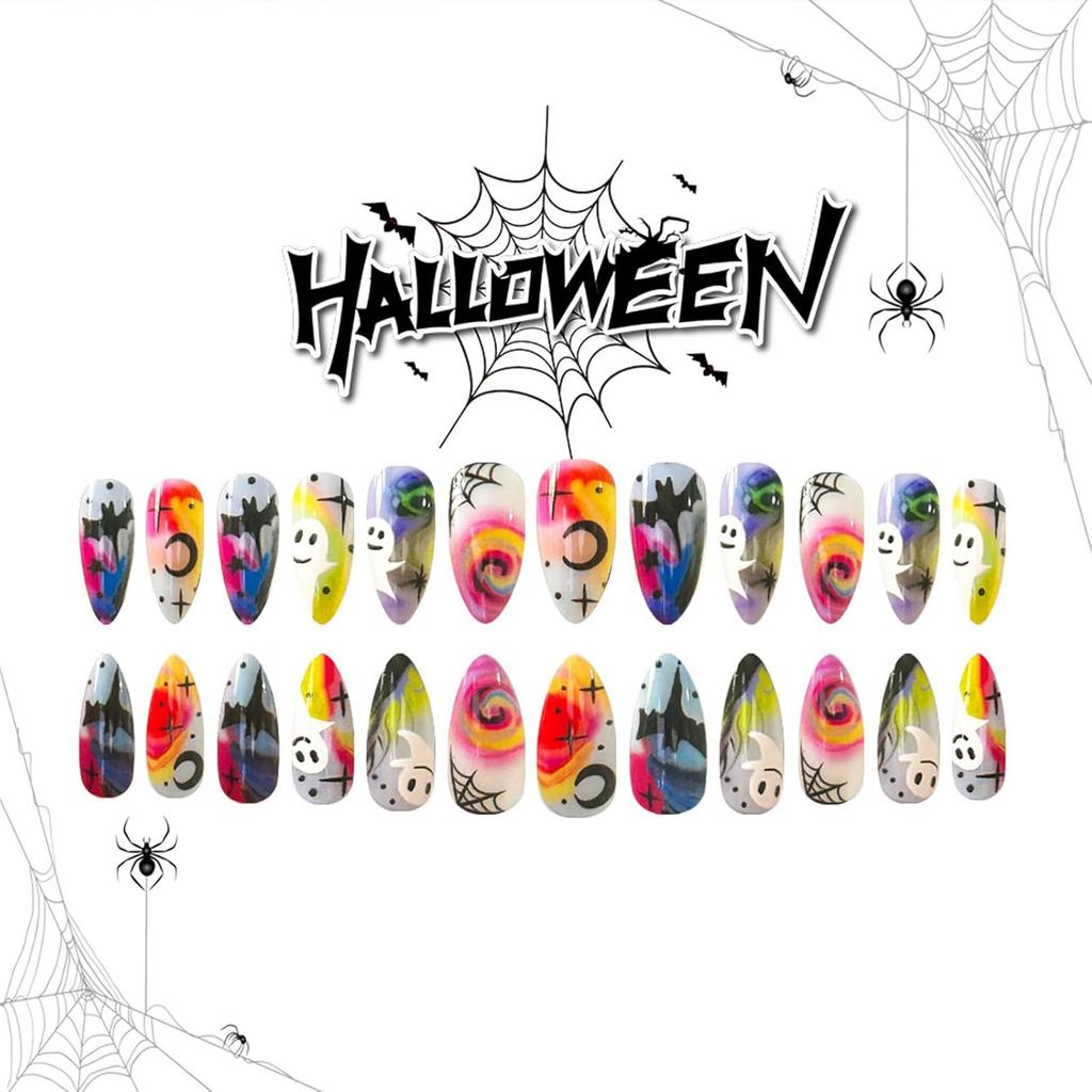 Halloween Press on Nails Medium Almond Fake Nails with Designs Cute Ghost Stick on Nails Rainbow Swirl False Nails Bat Acrylic Nails Cobweb