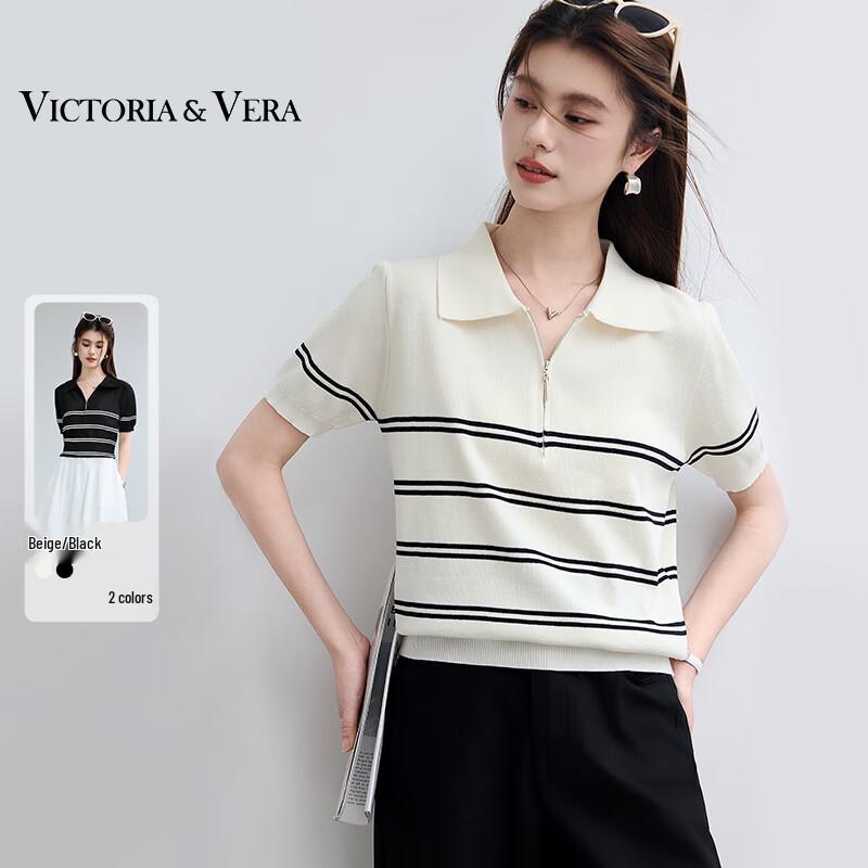 VICTORIA&VERA Women's Striped Zipper Polo Knit Top