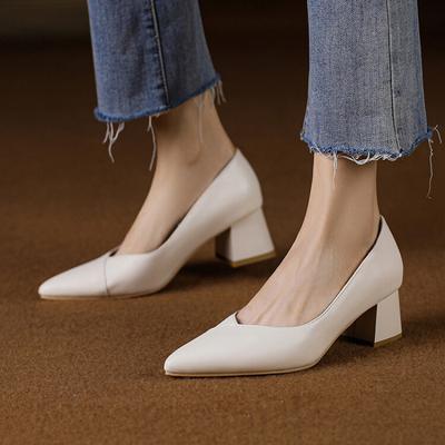 New Women's Pointed Small Leather Shoes Rubber Sole Medium Heel Large Size Comfortable Soft Sole Square Heel Foot Cover Solid Color Four-season Sing