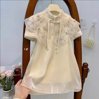 Girls' Retro Cloud Shoulder Cheongsam: Stylish, Short-Sleeved Princess Dress for Summer 2024