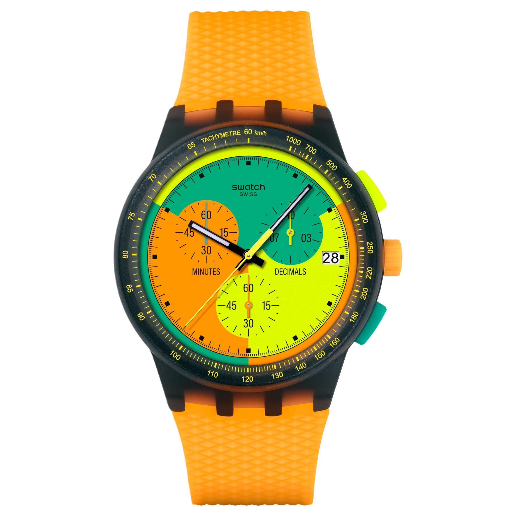 SWATCH Neon Series Quartz Movement 30 Meters Waterproof Men s Watch Swiss Watch 42mm Orange Dial Polymer Case Silicone Strap SUSB422 оранжевый