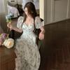 Patchwork Print Chiffon Dress Super Fairy French V-neck Short Sleeve Floral Dress Mid-length Waist Skirt Peplum Bubble Sleeve Dresses