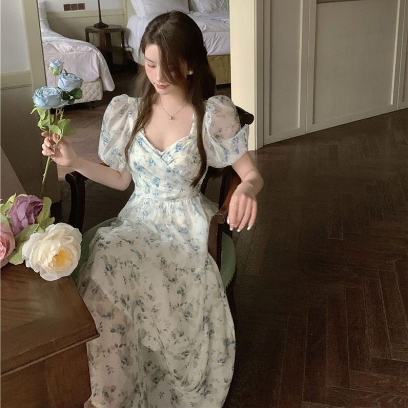 Patchwork Print Chiffon Dress Super Fairy French V-neck Short Sleeve Floral Dress Mid-length Waist Skirt Peplum Bubble Sleeve Dresses