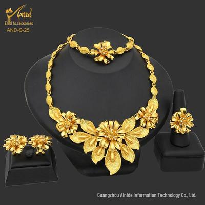 Conjunto de joias de noiva em ouro 24K Dubai: Colar, Anel, Brincos, Pulseira