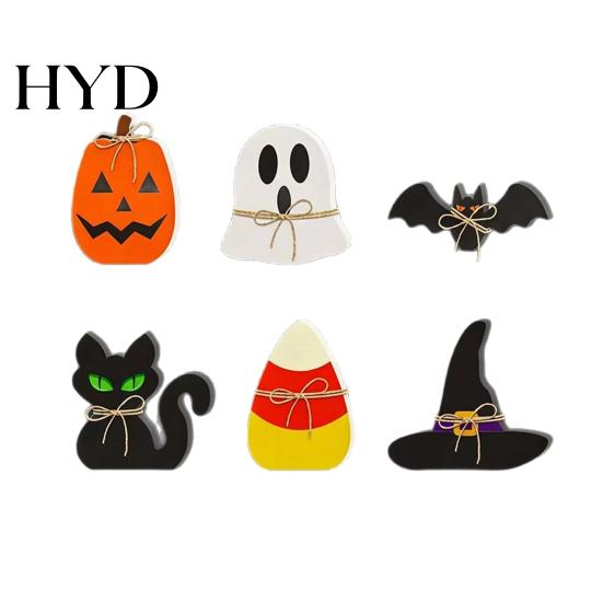 Wooden Halloween Decorations 6Pcs Tiered Tray Decor, Ghost Black Cat Mummy Figurines, Pumpkin Witch Set Hat Bat Ornaments for Shelf Table, Party