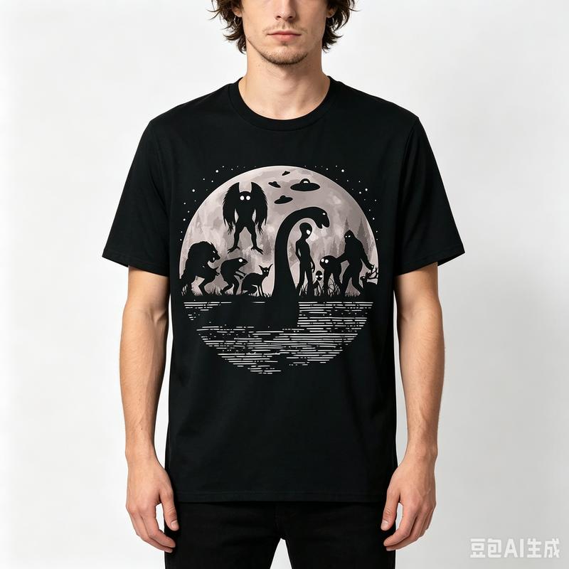 Mystery Creatures Moon Print TShirt UFO Bigfoot Graphic Tee 100 Cotton for Unisex and Unisex Casual Cotton Short Sleeve Tee Top