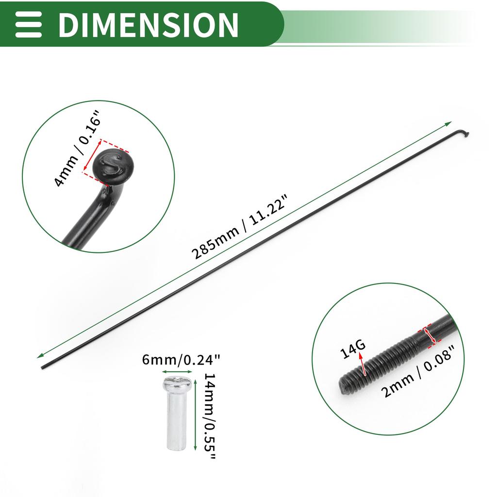 Motoforti Universal Bicycle Spokes, Bicycle Wheel Spokes, 14G, 285mm Length, Carbon Steel, Black, 1 Set