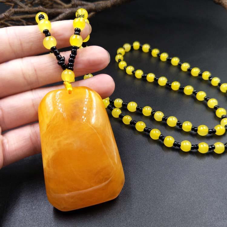 Náhrdelník s jantárovým príveskom v etnickom štýle, retiazka na sveter