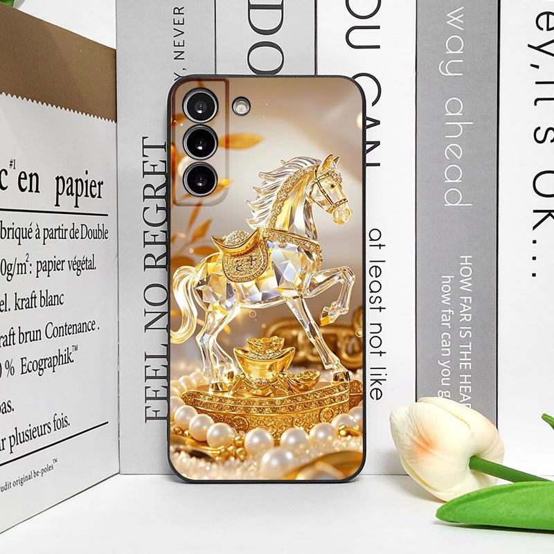 Luxury Crystal Golden Horse Pattern Phone Case for Samsung Galaxy S25 S24+ S23 Ultra S22 Plus S21 FE M53 Shockproof Soft Covers