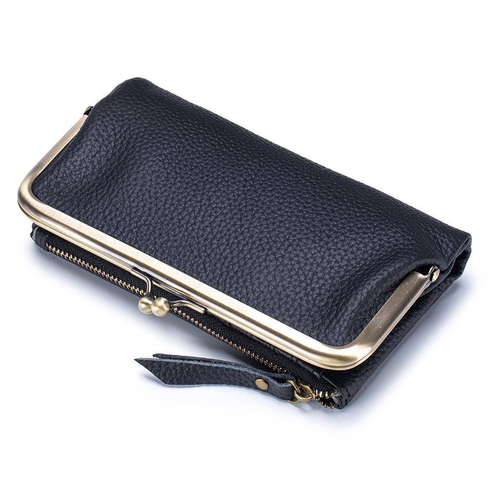 Multi-Functional Women s Genuine Leather Kiss-Lock Wallet Soft Real Leather Wallets for Women Compact Bifold Brand Clutch Wallet чёрный