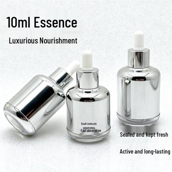 

20-60ml Short Round Bottles with Electroplated Aluminum Cap for Essential Oils, Serums, and Lotions 20ml; Accessories (Cap Pump) + Clear Bottle; Glass