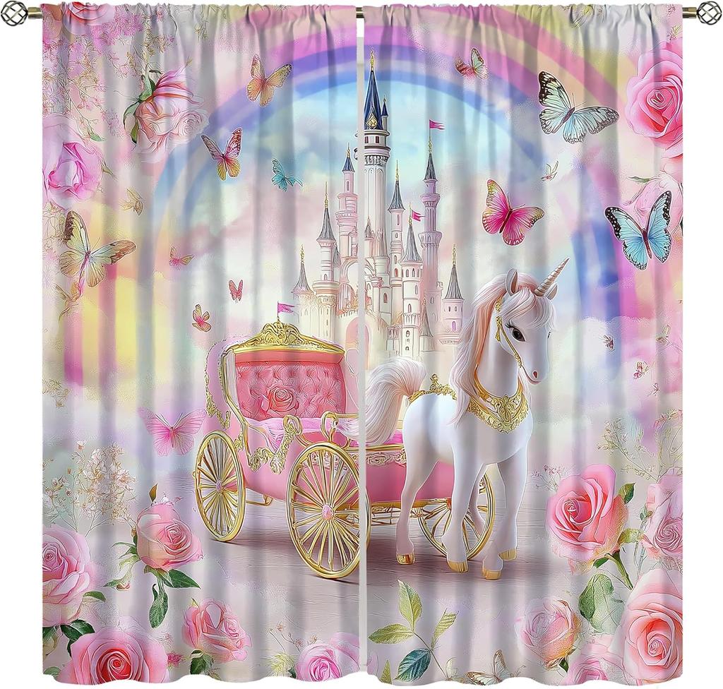 Purple Unicorn Curtains Girls Fantasy Mystery Fairytale Clouds Stars Magic Unicorns Window Drapes Kids Nursery Made Of Polyester