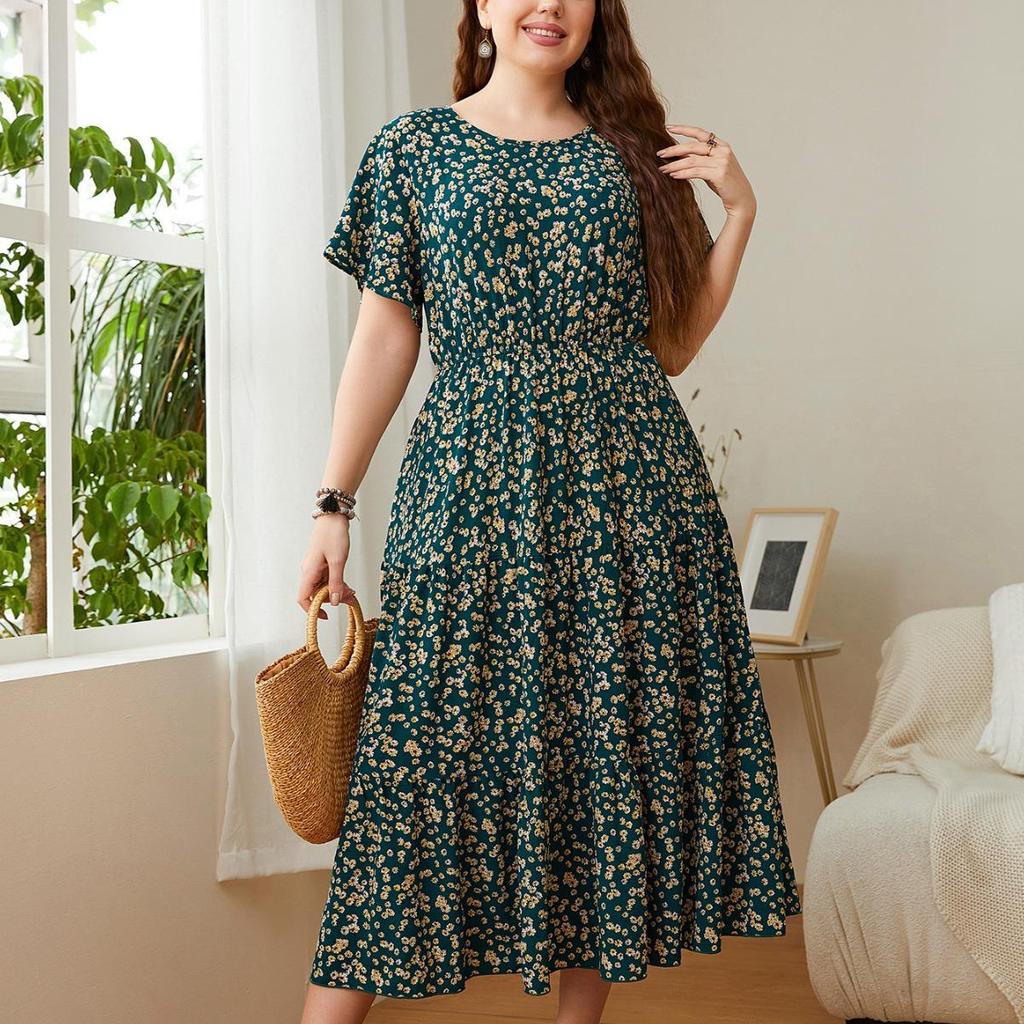 Robe grande taille pour femmes, col rond, imprimé, ample, grande balançoire, robes pour femmes