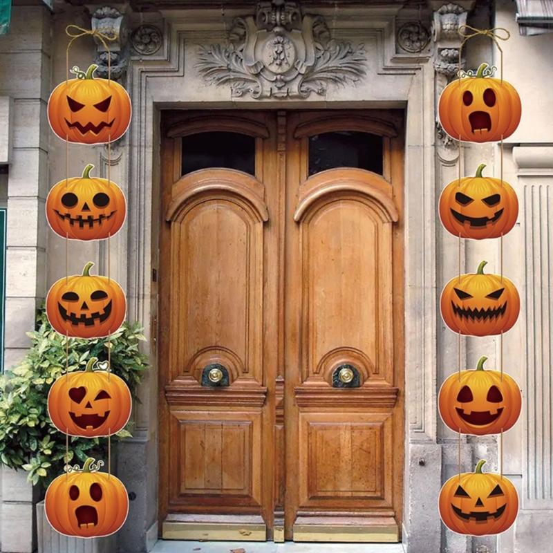 Halloween Entry Sign Set, Two Cardstock Hanging Panels with Grin Face Cutouts for Glass Display, Party Scene, Hall Styling and Room Entry