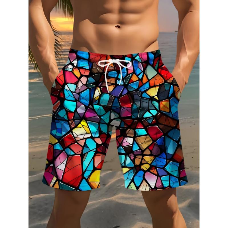 Men s stylish printed beach shorts with geometric colorful pattern 3D print, - Relaxed polyester drawstring waist S