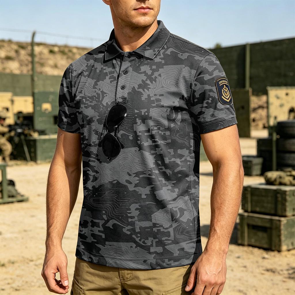 Men's Tactical Polo Shirt Loose Fit Breathable Outdoor Quick Dry Short Sleeve Camouflage Print with Velcro Patch Area