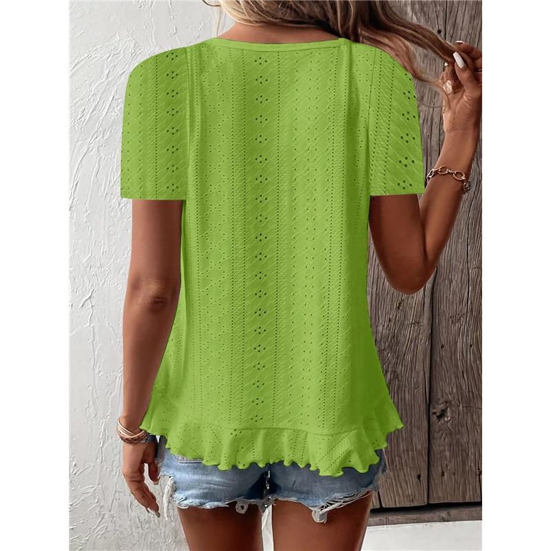 Women's Casual Hollow Out Ruffle Hem T-Shirt - Short Sleeve Round Neck Solid Color Top