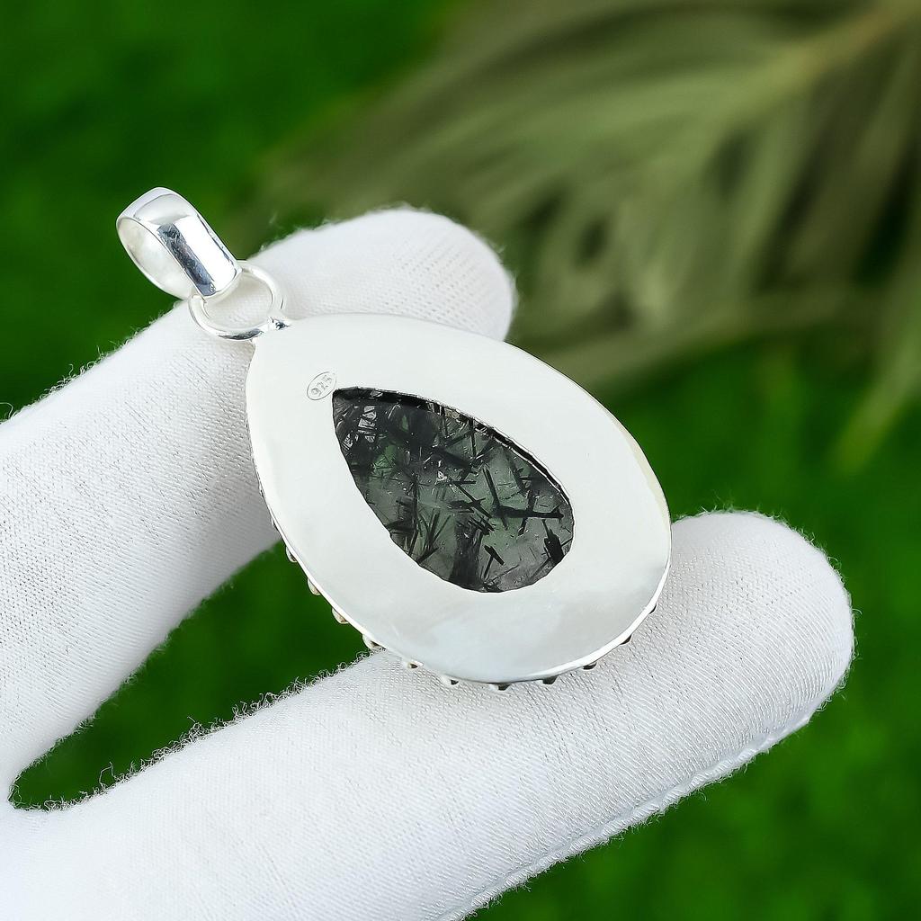 Natural Black Rutile Gemstone Pendant 925 Sterling Silver Jewelry For Women