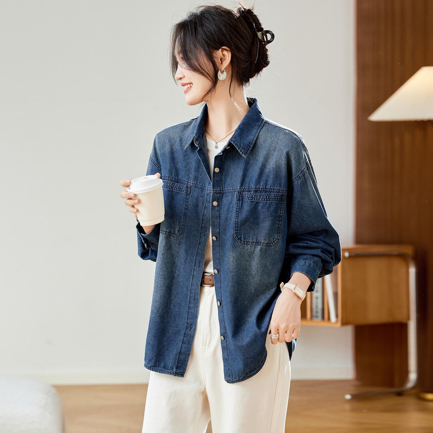 

Женская джинсовая куртка-рубашка в стиле ретро - Длинный рукав, средней длины, коллекция Осень/Зима 2025 Large джинсовый синий