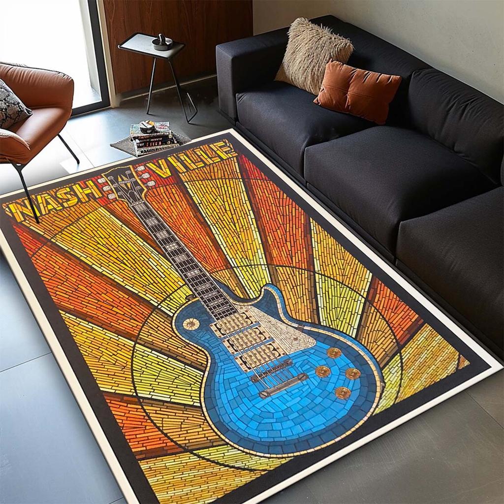 Polyester Nashville Guitar Rug Large & Medium Non-Slip Nashville Guitar Area Rug - Polyester Crystal Velvet Carpet,