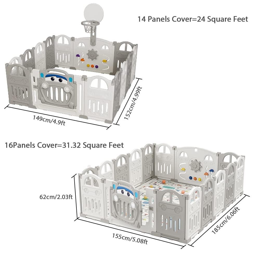 UBRAVOO Foldable Playpen with Mini Basketball Hoop and 50 Colorful Ball Pit, Baby and Toddler Car Playpen, Fun Indoor Activity Center