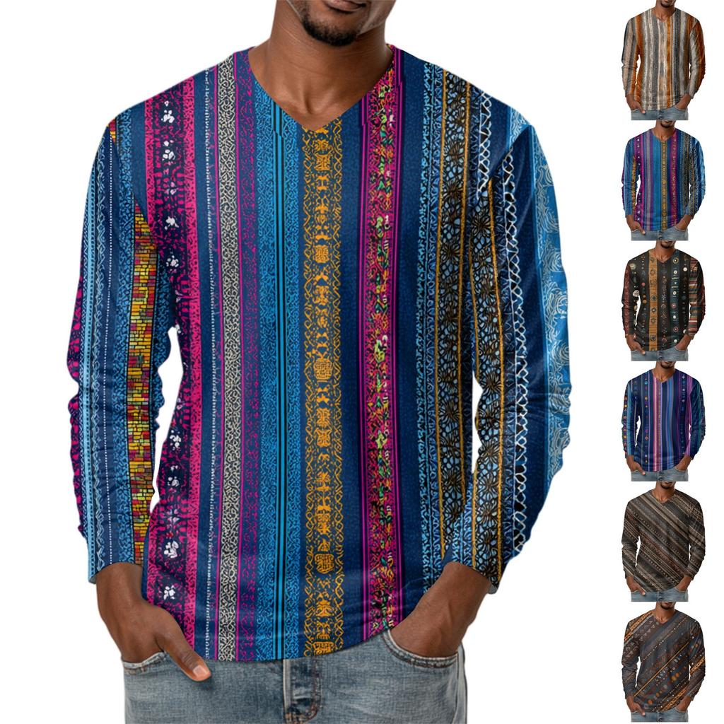 Men's V-neck Casual Fashion Printed Long-sleeved T-shirt Top