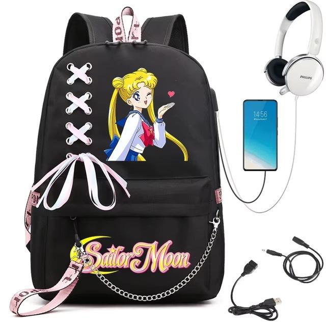 Sailor Moon Printed Student Backpack Ribbon Shoulder Bag Girls School Travel Backpack Large Capacity School Bag