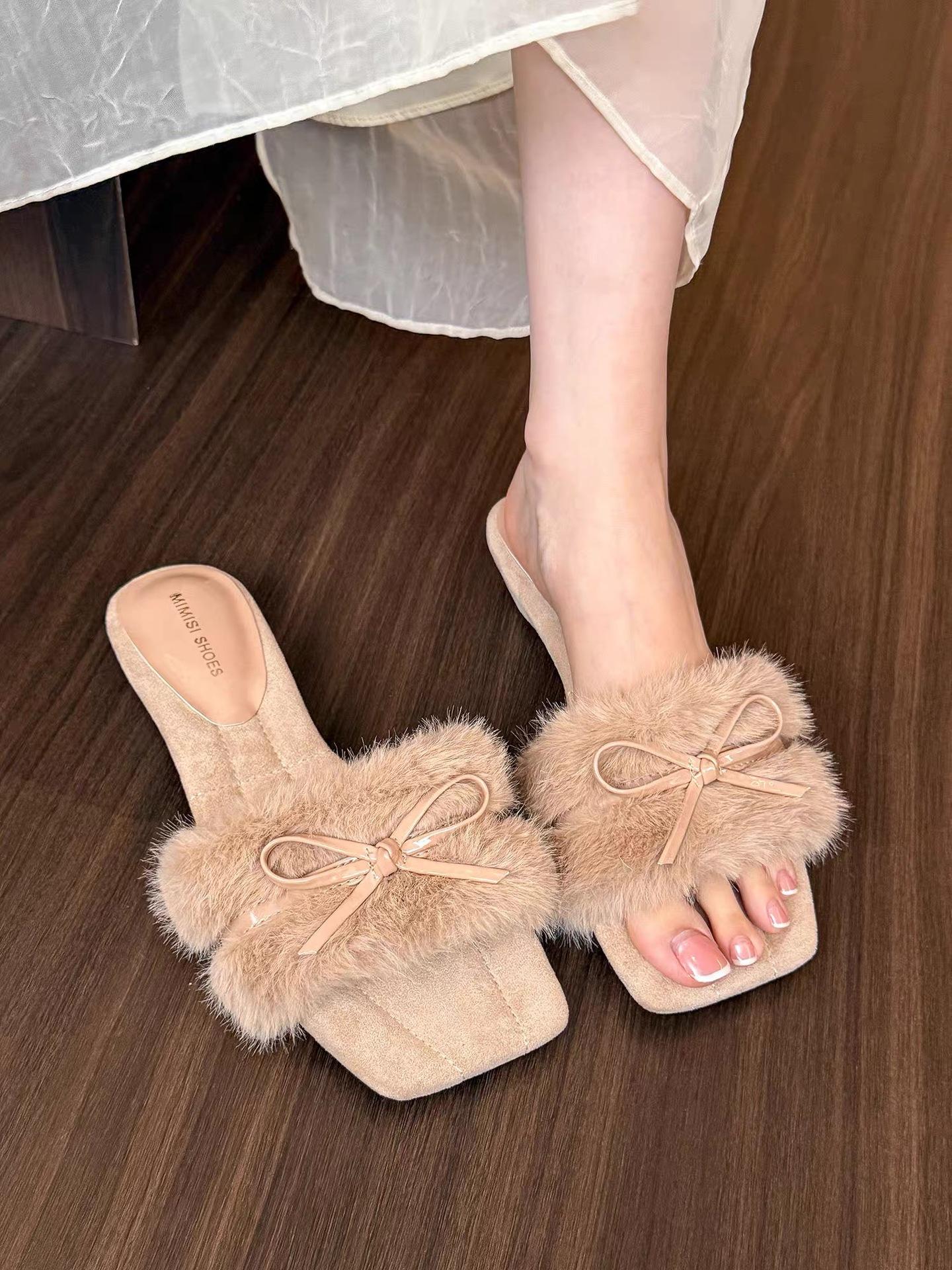 

Мягкие восковые туфли-лодочки с квадратным носком, открытым носком и бантом, на толстом каблуке, осенне-зимние пушистые тапочки, однословные хлопковые мопы 40 абрикосовый