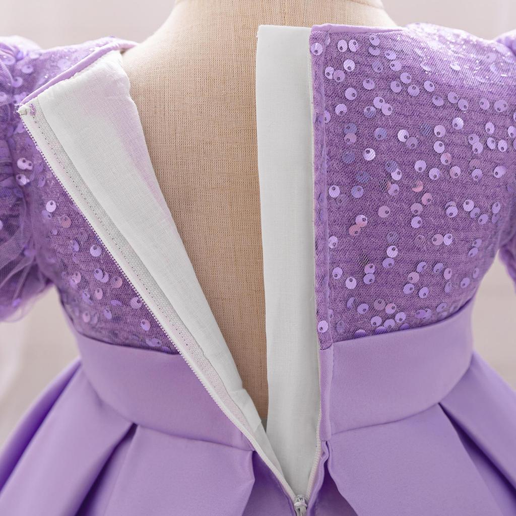 New European & American 1-Year-Old Girls' Bow Princess Dress with Puff Sleeves & Sequined Skirt