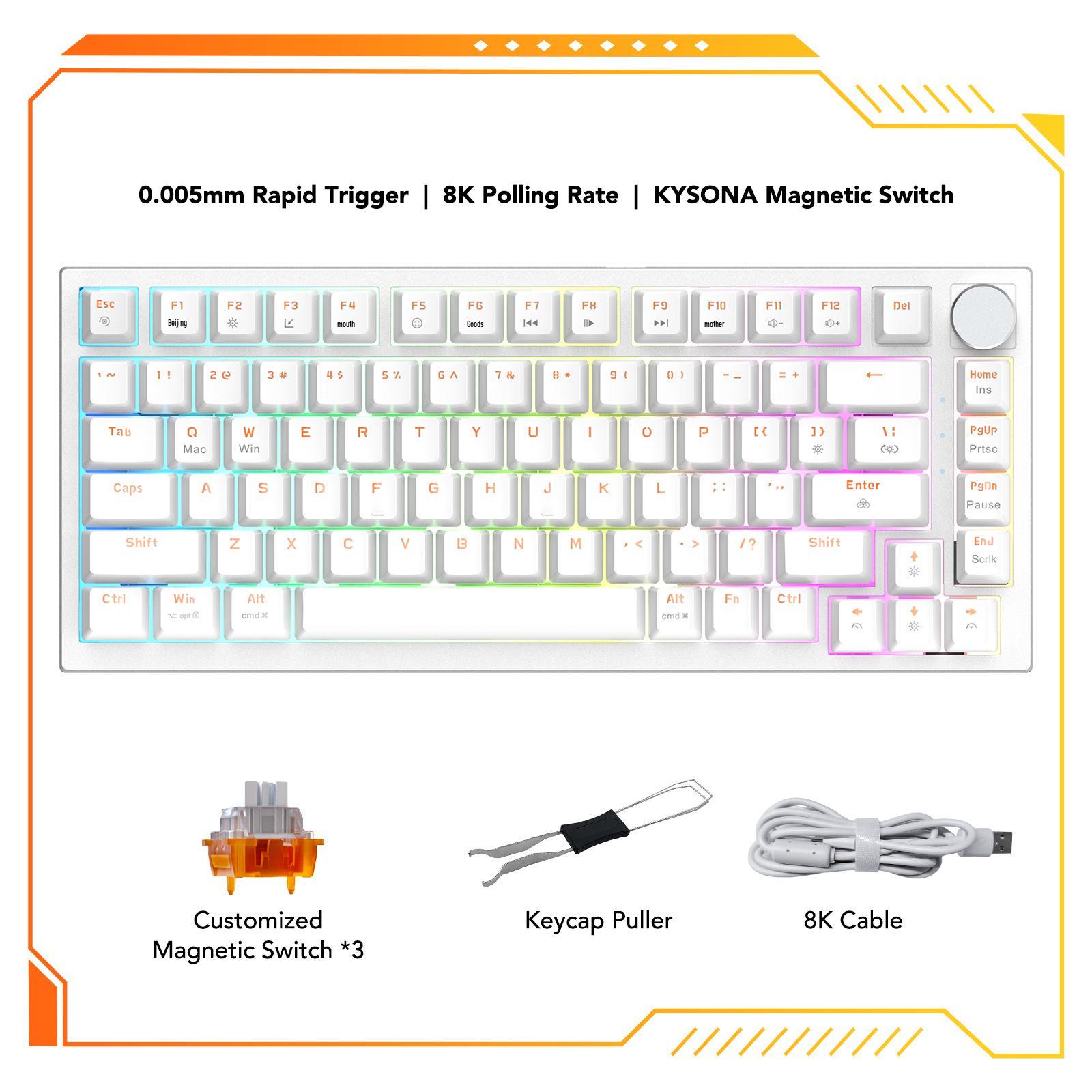

KYSONA KM82HE Wired Gaming Keyboard: Magnetic Axis, 8K RGB Lighting, 0.005mm RT, PBT Keycaps
