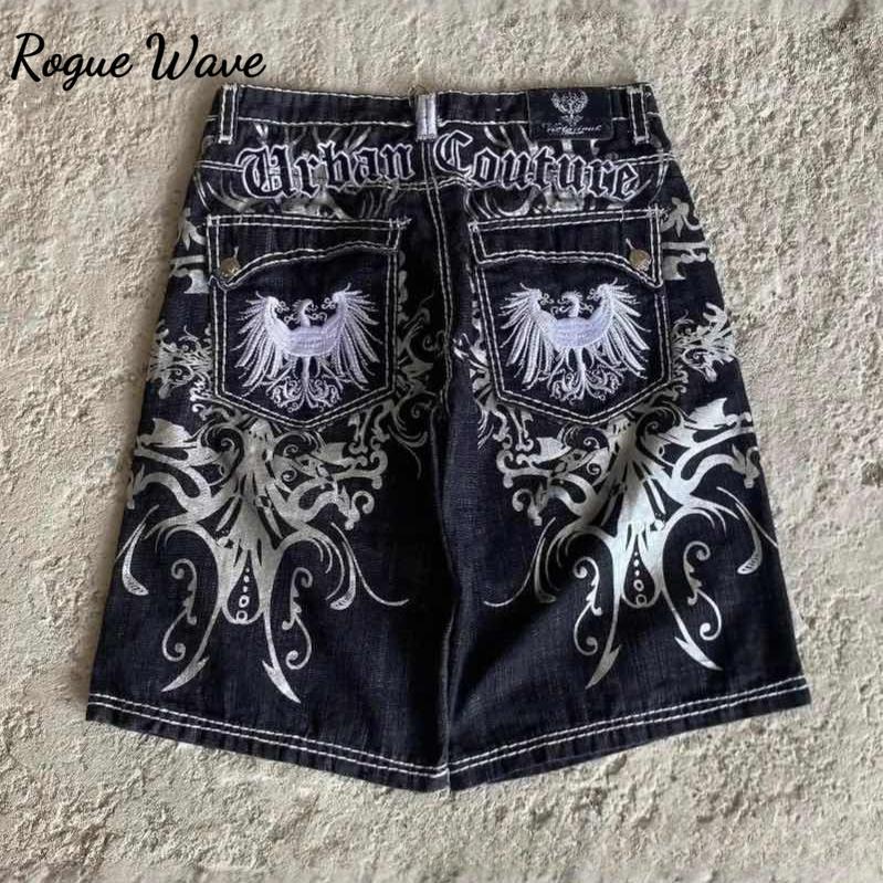 RogueWave Y2K Nuova Moda Americana Motivo Ricamo Lettere Pantaloncini di Jeans Larghi Donna Street Vintage Hip Hop Pantaloncini Casual Abbigliamento Donna