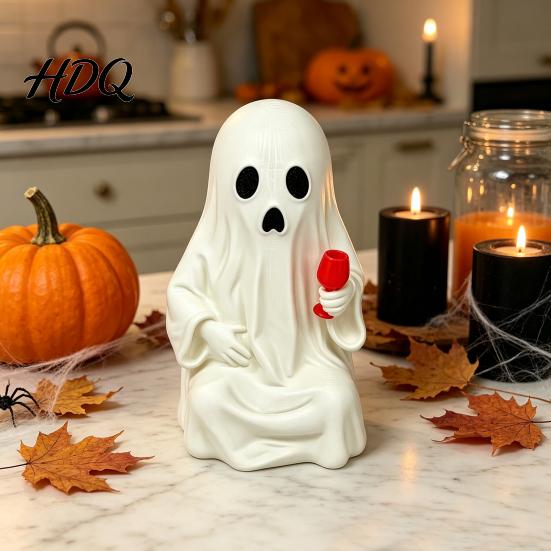 3D Printed Spooky Table Centerpieces Ghost Figurine with Wine Glass Funny Halloween Desktop Fun Gifts for Men Women Decor Statue Novelty Tabletop