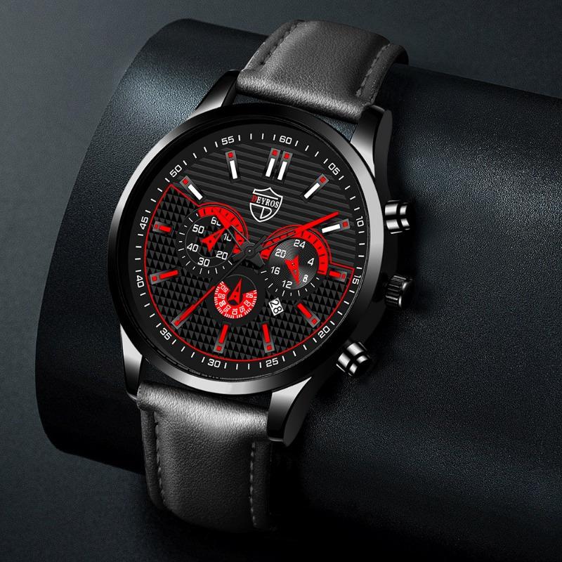 2PCS Set DEYROS Fashion Men's Watch Business Men's Leather Strap Calendar Watch Casual Men's Quartz Watch Men's Gifts