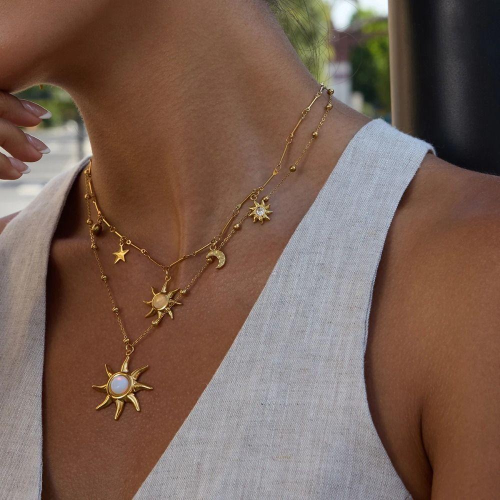 Stainless Steel 18K Gold Plated Necklace Layered Chain Double Stacked Neck Chain Sun Pendant  Beach