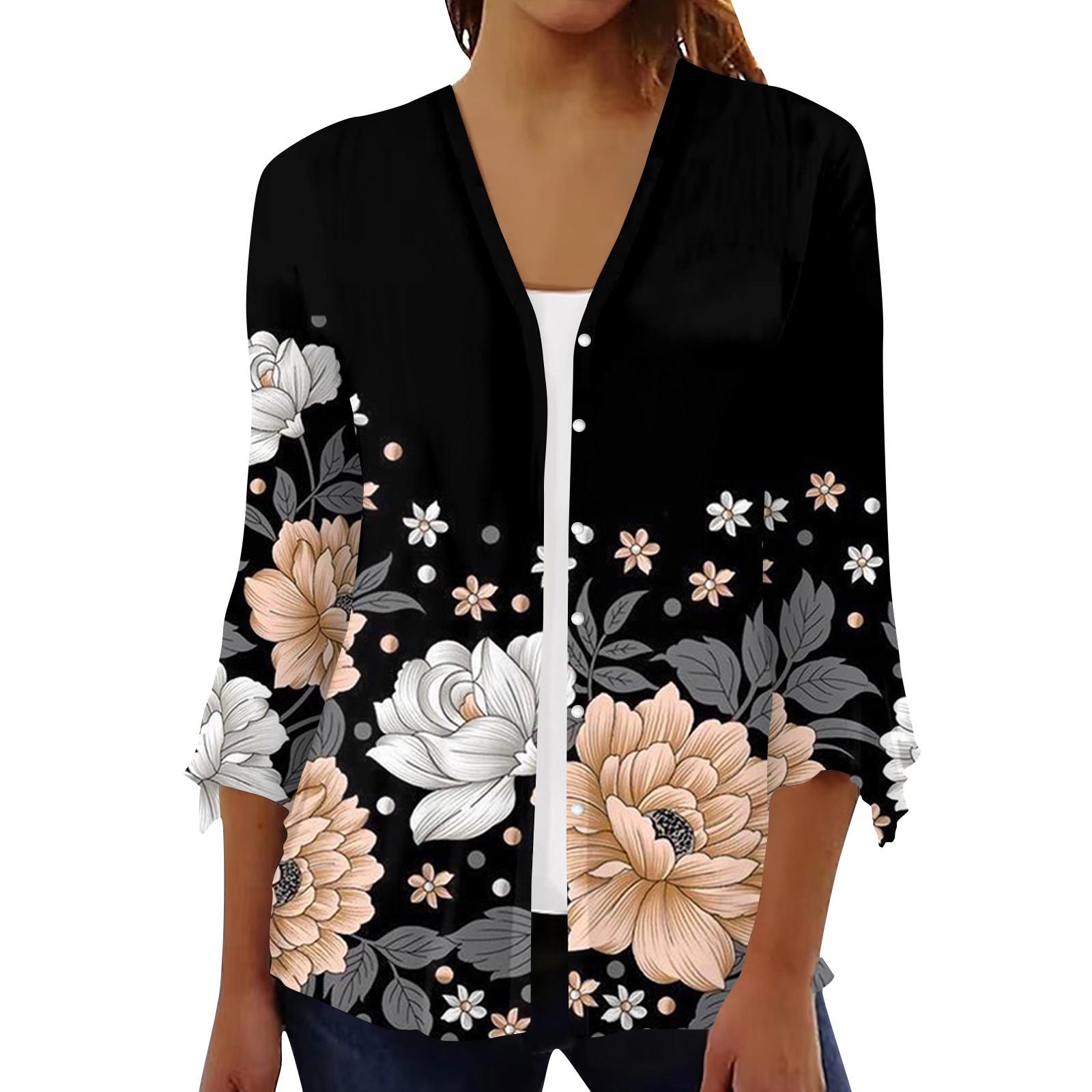 

Кардиган с открытым передом и рукавами 3/4 для женщин, кардиган на пуговицах в стиле ретро с цветочным принтом для платья, женские топы с v-образным вырезом, накидка XXL темно-синий