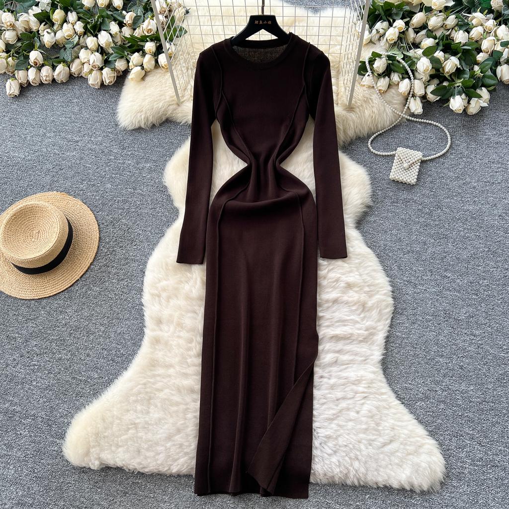 Split Slim Waist Dress for Women Autumn 2025 French Slim Fit and Slimming Elegant Knitted Bodycorn Dresses
