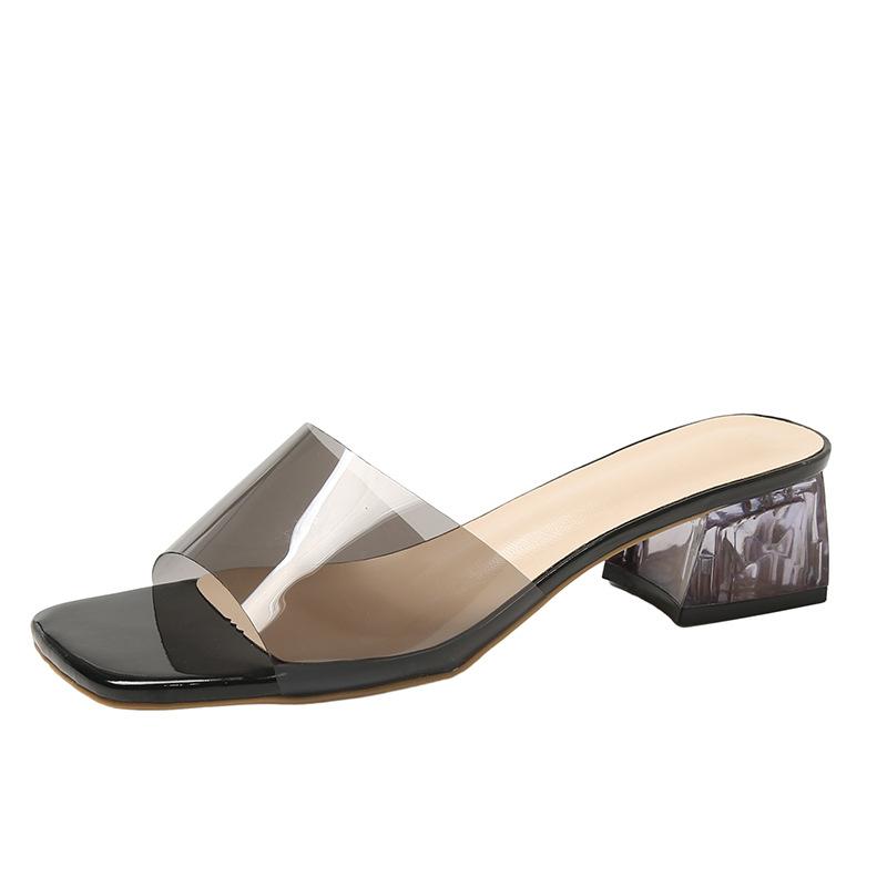 

Wearing square head high-heeled sandals 2025 new women s summer transparent belt thick heel transparent heel fashion lady daily slippers 35 чёрный