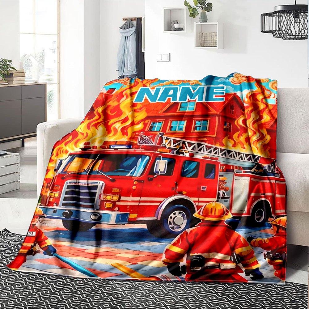 Firefighters Battle A House Fire With A Ladder Truck And Hoses Under A Bright Sky Gift Personalized Blanket Customize Your Name Soft Warm Cozy Throw