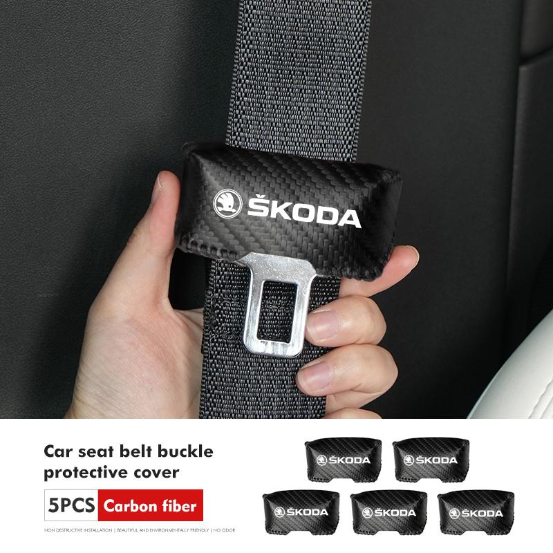 VIJT4 Car Seat Belt Buckle Cover Leather Protector Anti-collision Case For Skoda Kodiaq Octavia 2 3 Rapid Karoq Fabia Kamiq Superb