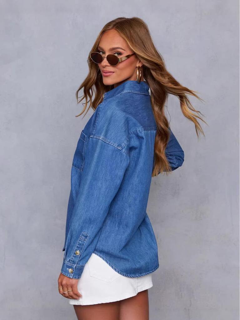 Denim Long Sleeve Casual Lapel Women's Shirt 2026 European & American Style