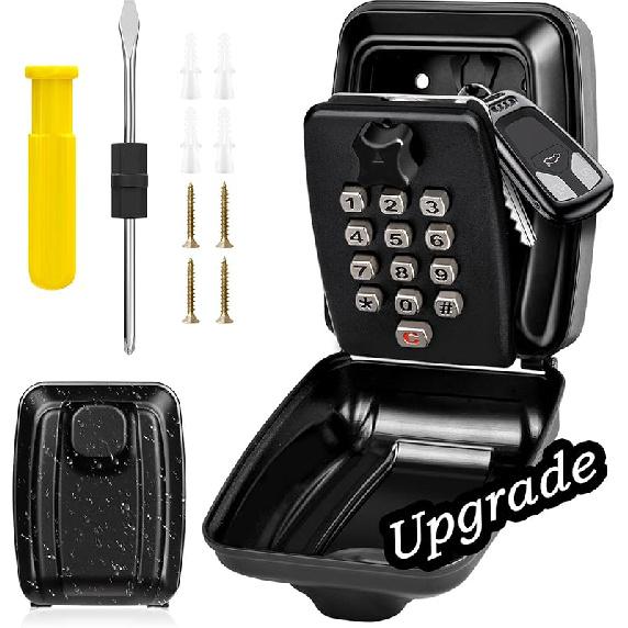 BKNOOU Key Lock Box Wall Mount with Code, Key Lock Box for Outside, Waterproof Key Safe Extra Large Lockbox for Keys Outdoor, 12-Digit Combination