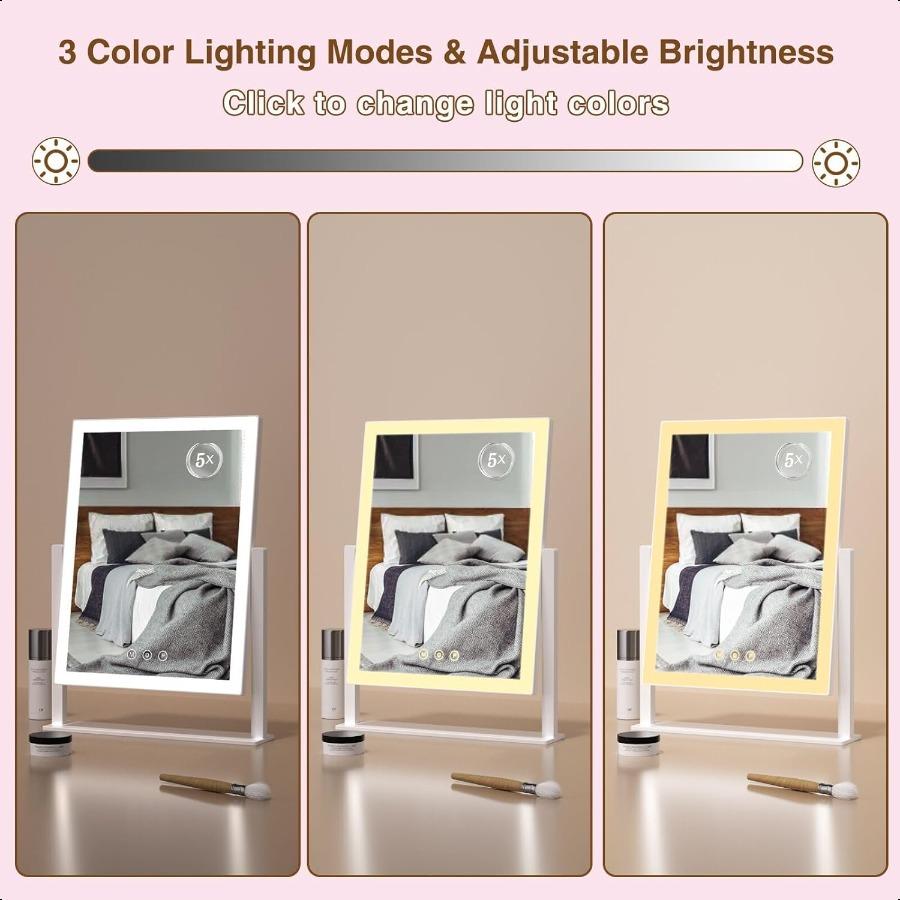 Lighted Makeup Mirror Hollywood Vanity Mirror with 5X Magnification Mirror 360Rotation Touch Control 3 Color Lighting for Desks