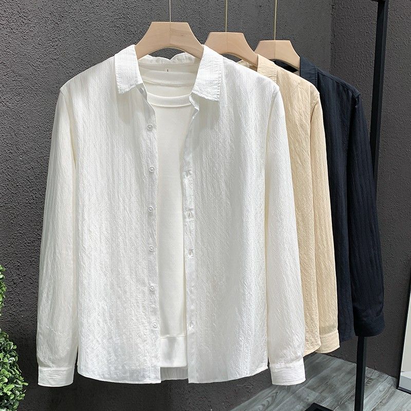 

Autumn Long-sleeved Shirt Men s Light Luxury New Solid Color Simple Versatile Shirt Top S білий