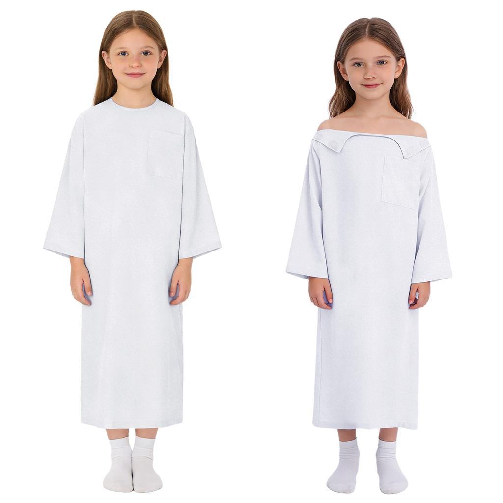 Kids Adaptive Nursing Gown Long Sleeve Back Split Hook-Loop Fastener with Pocket for Special Needs Patients